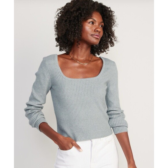 Old Navy Square Neck Crop Sweater Top 2X Gray Blue Ribbed L/S Cozy Cotton Soft - Picture 1 of 7